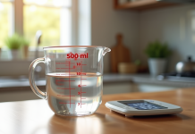 Verre mesureur rempli à 500 ml d'eau sur plan de cuisine