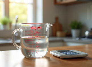 Conversion de 500 ml en grammes : le savoir-faire à acquérir Verre mesureur rempli à 500 ml d'eau sur plan de cuisine