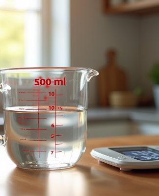 Verre mesureur rempli à 500 ml d'eau sur plan de cuisine