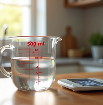 Conversion de 500 ml en grammes : le savoir-faire à acquérir Verre mesureur rempli à 500 ml d'eau sur plan de cuisine