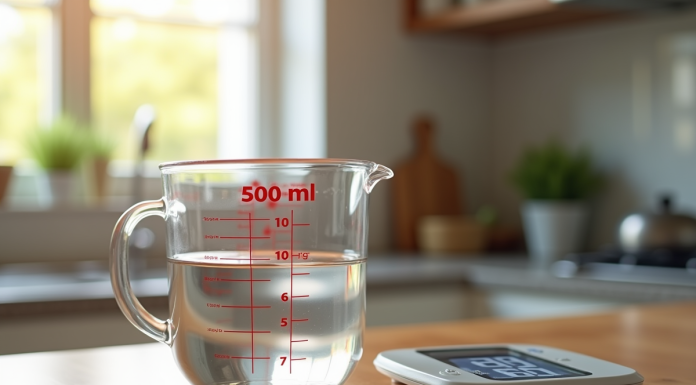 Verre mesureur rempli à 500 ml d'eau sur plan de cuisine