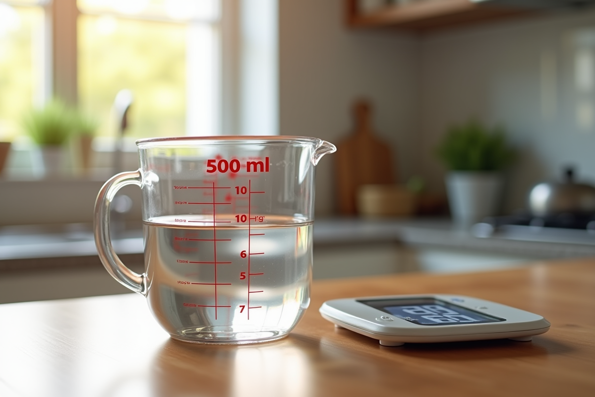 Verre mesureur rempli à 500 ml d'eau sur plan de cuisine