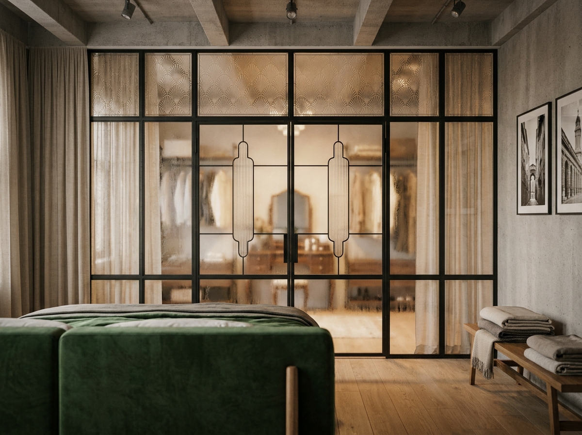 Verrière art déco en acier mat séparant chambre et dressing dans un loft avec sol en chêne naturel et tête de lit en velours vert