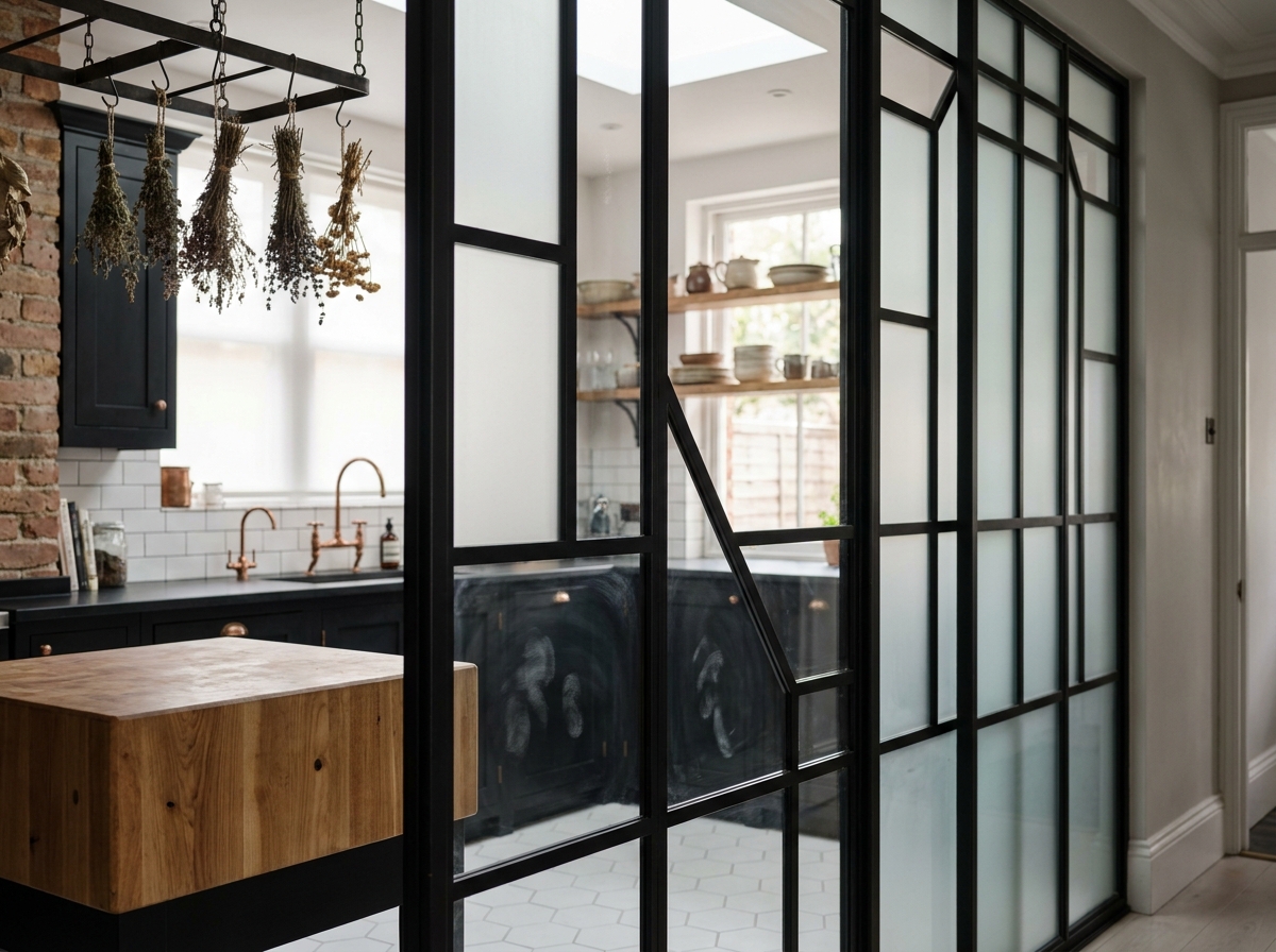 Verrière art déco atelier en acier noir séparant cuisine ouverte et couloir dans une maison de ville rénovée avec carrelage hexagonal blanc