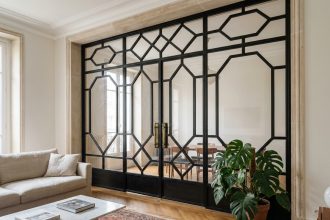 Verrière art déco en fer forgé géométrique séparant salon et salle à manger dans un appartement haussmannien avec parquet en chevrons
