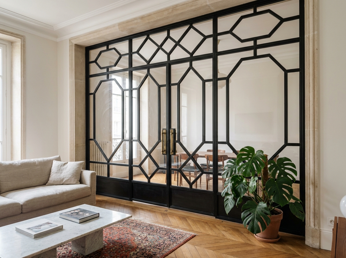 Verrière art déco en fer forgé géométrique séparant salon et salle à manger dans un appartement haussmannien avec parquet en chevrons