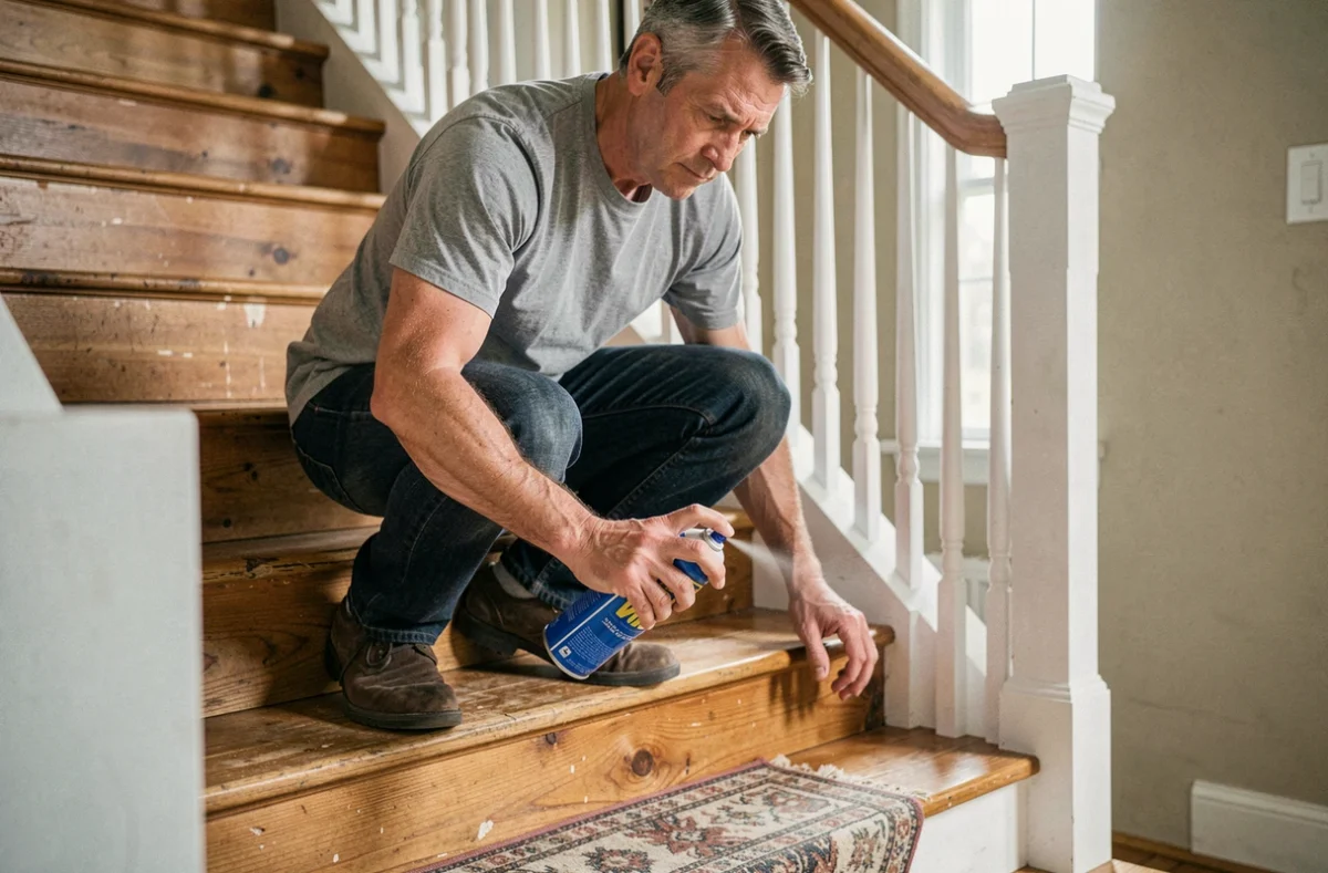 Homme appliquant du WD-40 sur une marche d'escalier en bois qui grince à l'intérieur d'une maison