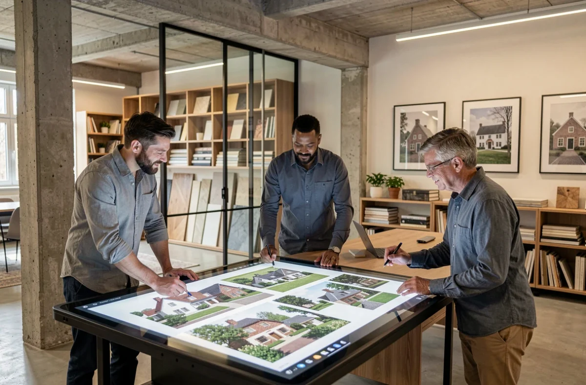 Équipe d'architectes d'intérieur de l'agence Ynspir réunis autour d'une table tactile affichant des rendus 3D pour un projet résidentiel en Normandie